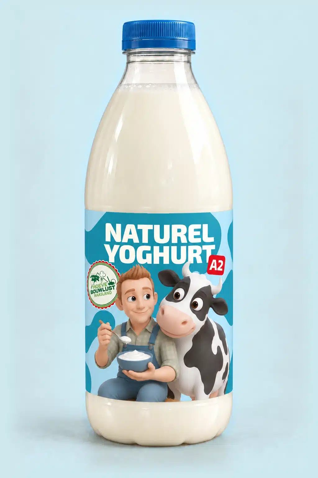 Fles naturel yoghurt van Boer Peter met blauw etiket.
