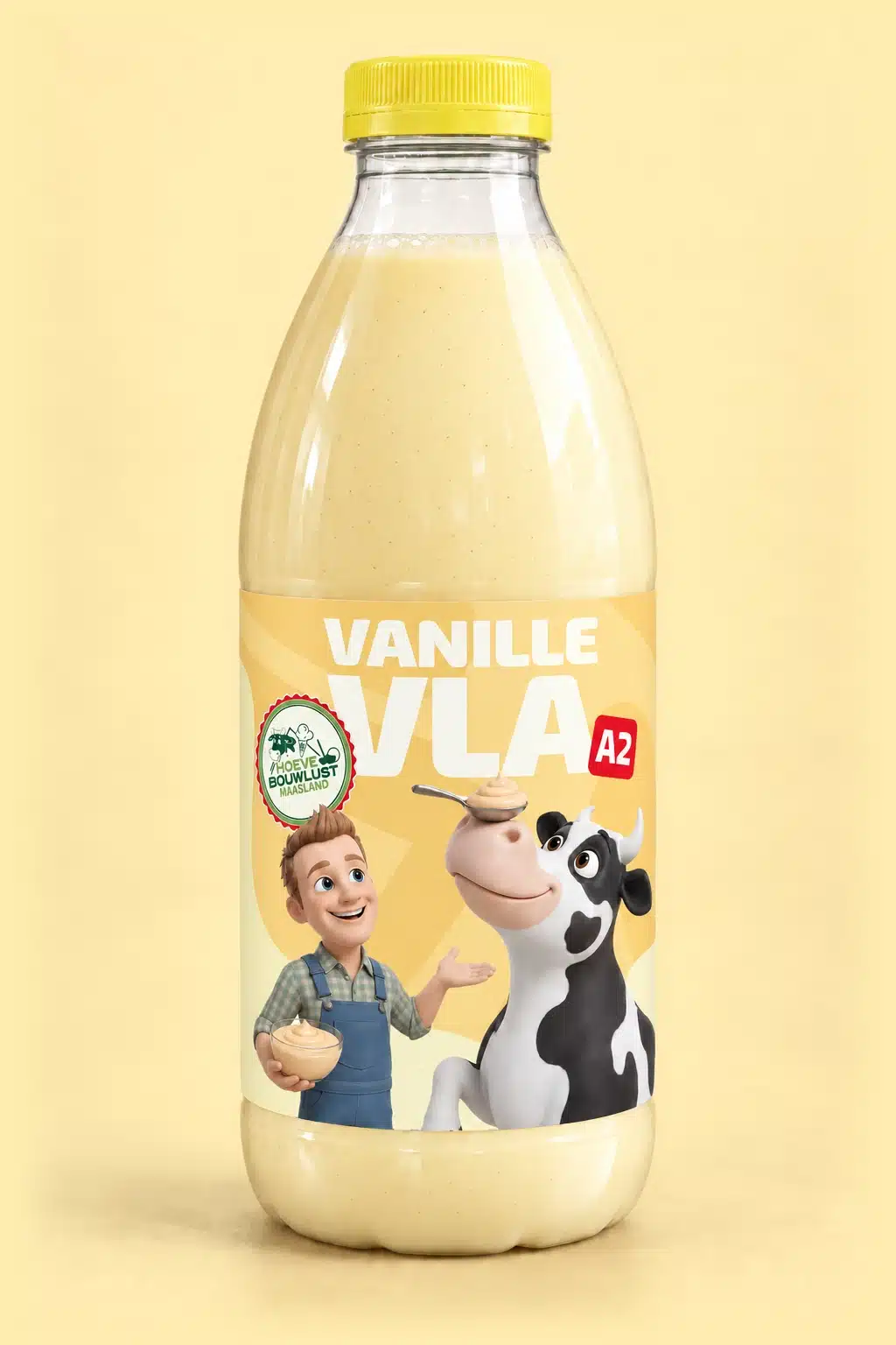 Fles vanillevla van Boer Peter met geel etiket.