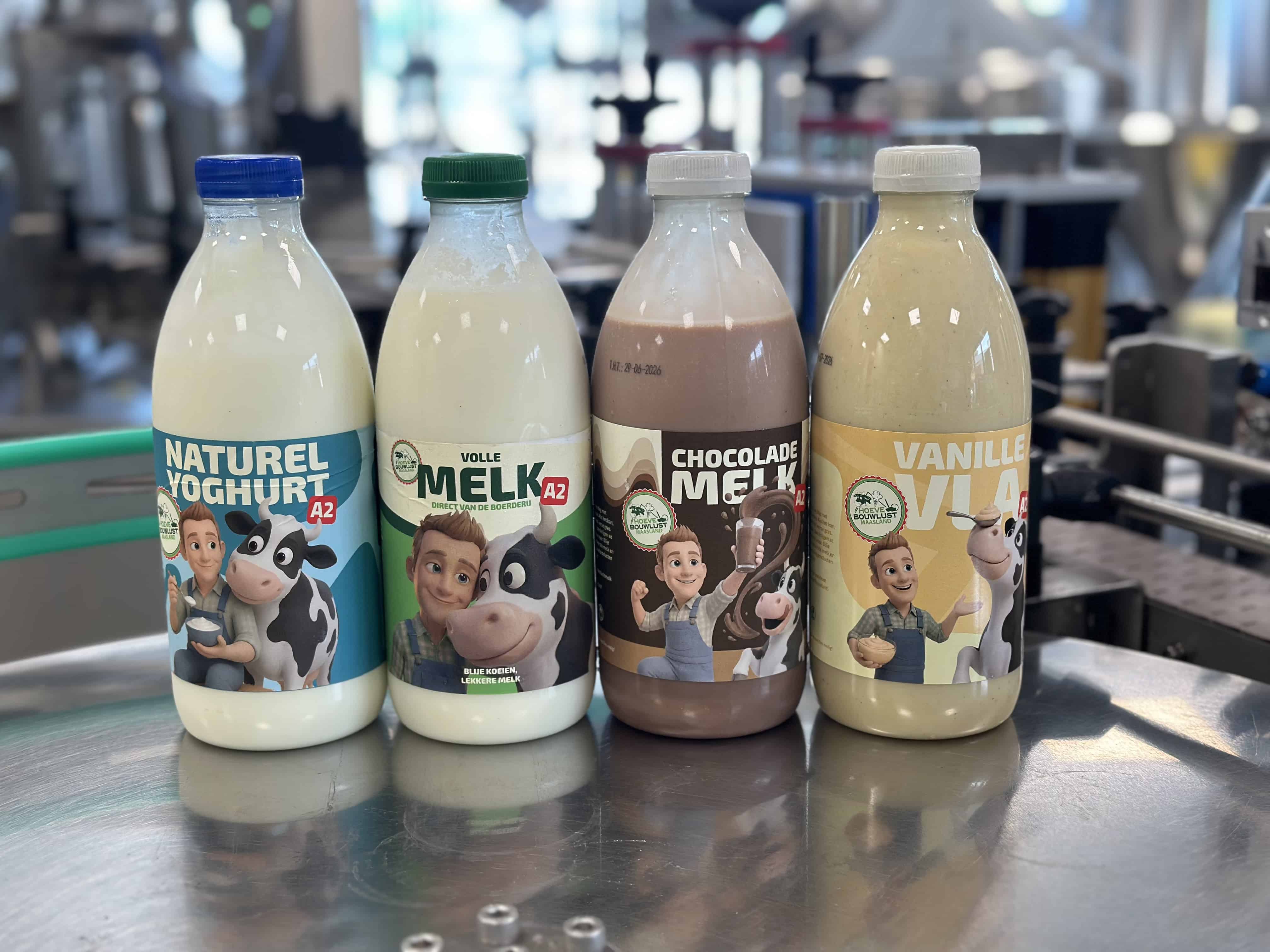 Naturel yoghurt, volle melk, chocomelk en vanillevla van Boer Peter